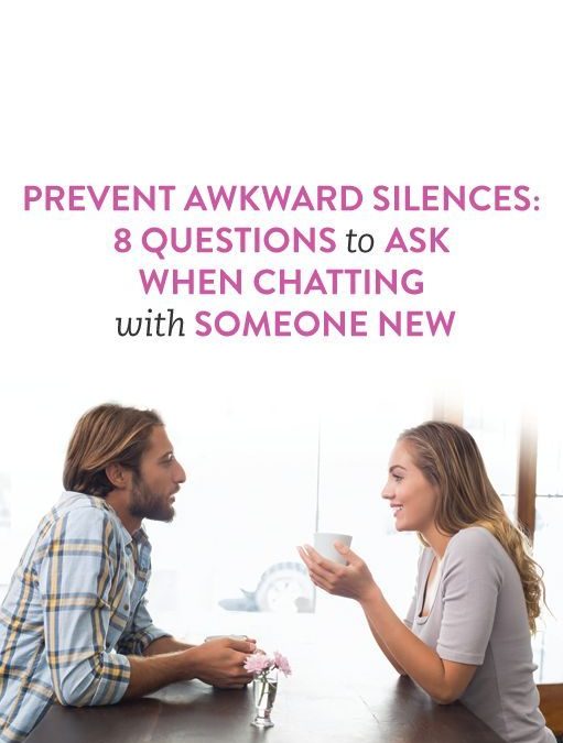 Couple seated eating with text: Prevent Awkward silences 5 questions to ask when chatting with someone new